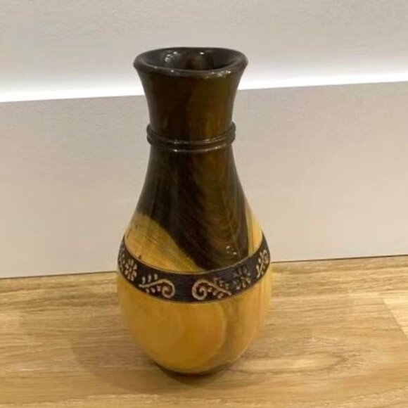Mexican Hand-Carved Wood Vase | Artist Signed - Picture 1 of 4
